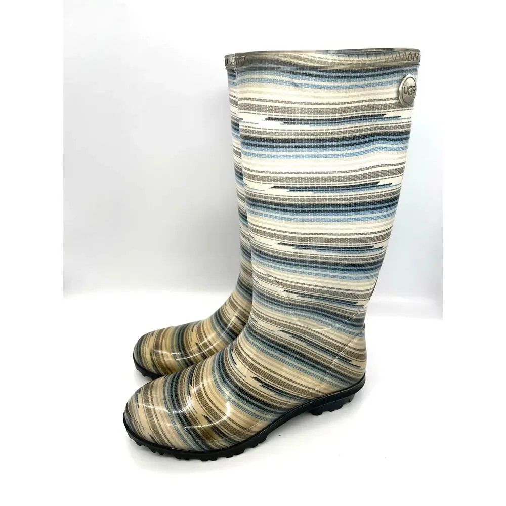 UGG Shaye Striped Rubber Rainboots Women's Size 7 Blue / Gray / White
